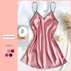 Damen Satin Satin Nachthemd V Ausschnitt Spaghettiträger Nachtwäsche Slip Kleid Homewear Ärmellos Sexy Weich Sommer