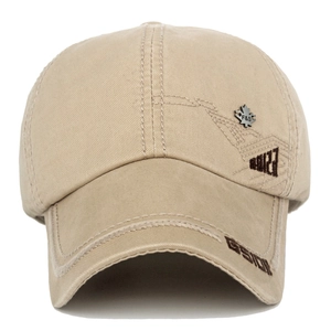 Men's khaki cotton baseball cap with embroidered letters and maple leaf metal badge