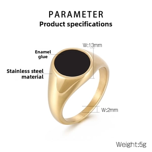 Detail view of golden stainless steel signet ring with 13mm black round enamel center