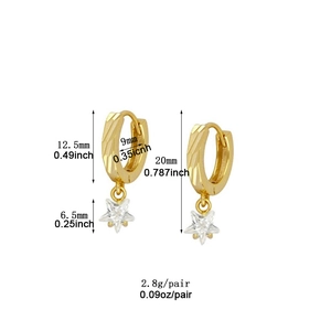 Detail showing 20mm gold-plated star drop earrings with zirconia and measurements