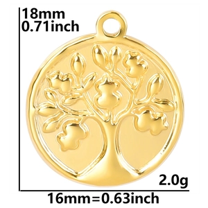Detailed view of 18k gold plated tree of life pendant showing 18mm height dimension