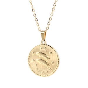 Golden Pisces zodiac coin necklace with dolphin pattern and stainless steel engraving