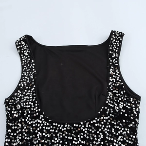 Elegant sleeveless black party dress with shimmering silver sequins and a deep U-neckline