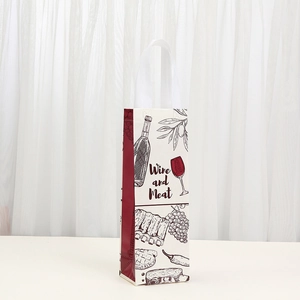 Beige and burgundy non-woven wine gift bag with Wine and Meat print and sturdy handles