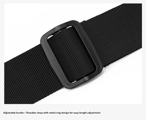 Detail view of the adjustable shoulder strap with durable black hardware for men's bag