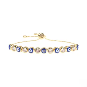 Detail of evil eye bracelet with colorful cubic zirconia and adjustable slider clasp