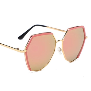 Occhiali da sole esagonali oversize alla moda con lenti a specchio oro rosa e montatura in metallo