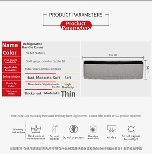 Size chart for 40x14cm refrigerator handle covers showing soft texture and washing instructions