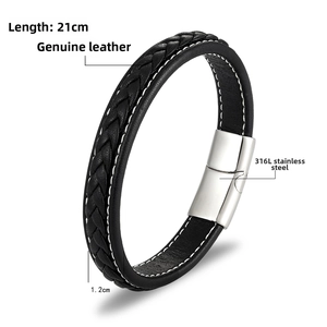 Macro detail of men's braided leather bracelet with 316L stainless steel magnetic clasp