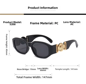 Detailed frame measurements and gold baroque emblem of the retro black sunglasses