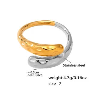 Two-tone gold and silver stainless steel ring with hammered wave texture for women