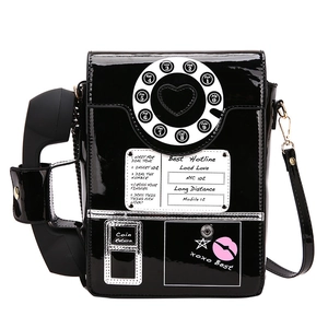 Retro creative black telephone crossbody bag with glossy patent leather finish