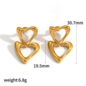 Detail view of gold two-tone heart drop earrings with dimensions and weight info