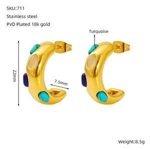 Detail view of gold C-shaped earrings with turquoise stones and size specifications