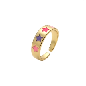 Minimalist gold open ring with colorful enamel star patterns in purple and pink tones