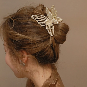 Butterfly Hair Claw Clip Alloy Faux Artificial Pearl Rhinestone Large Elegant Hairpin Shark Clip Headwear For Women