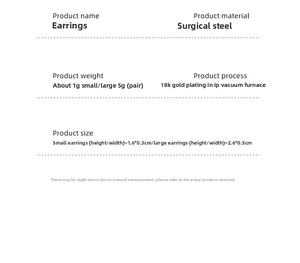 Detailed size and material specs for surgical steel 18K gold plated drop earrings