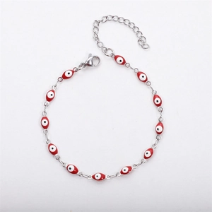 Polished stainless steel bracelet featuring red Evil Eye oval charms and a lobster clasp