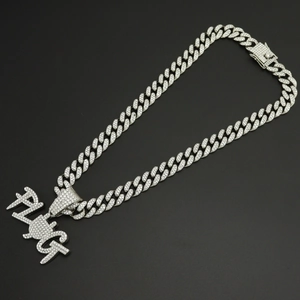 Iced out silver PLUG pendant necklace with rhinestones on Cuban link chain