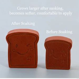 Brown toast-shaped makeup sponges showing size comparison before and after soaking in water