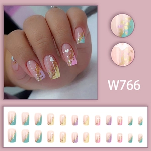 Rainbow gradient square press-on nails with gold foil and white heart charms W766
