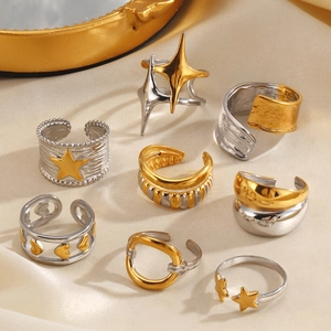 Stainless Steel Ring Gold Silver Two Tone Star Heart Geometric Adjustable Open Band Jewelry Vintage Ins Style For Women
