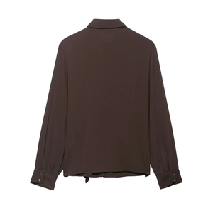 Deep brown long sleeve crepe shirt set with collared design and elegant back view detail