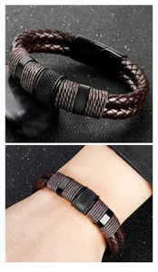 Detail and lifestyle view of brown woven leather bracelet with black metal clasp for men