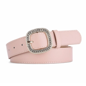 Elegant pink leather belt for women with a sparkling rhinestone inlaid square buckle