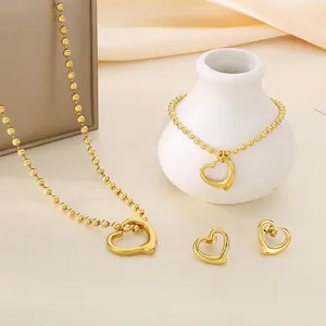 Hollow Heart Pendant Jewelry Necklace Bracelet And Earrings Stainless Steel Elegant Fashion Ball Chain For Women