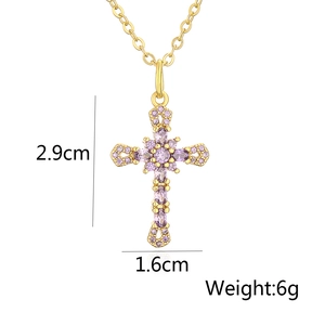 Detail view of 18K gold plated cross pendant with purple zircons and dimensions