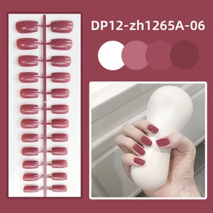 Glossy deep pink medium-long square false nails set with application shots and color swatch
