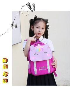 Close-up of pink 3D unicorn school bag for girls with soft straps on a child model