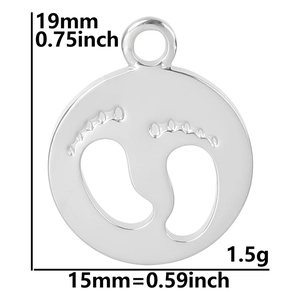 Detailed view of silver stainless steel footprint pendant showing size dimensions and weight