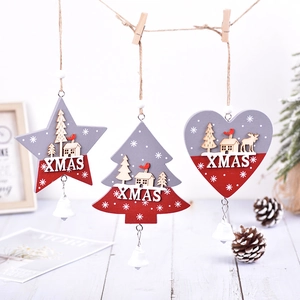 Three-piece wooden Christmas pendants with star, tree, heart shapes and white bells