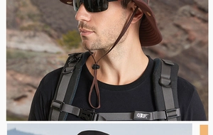 Detail of outdoor sun hat with wide brim, adjustable chin strap and wavy stitching design