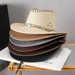 Chapeau De Cowboy Western En Paille Tissée Protection Solaire Plage Extérieur Randonnée Perles Turquoise Style Ethnique
