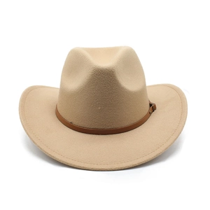 Detail of western cowboy felt hat in khaki featuring brown leather band and metal buckle