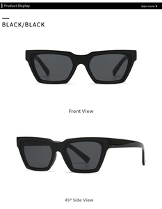 Front and 45-degree side views of modern narrow black cat-eye sunglasses with dark lenses