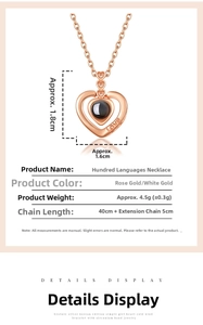 Rose gold heart projection necklace detail with dimensions and specifications