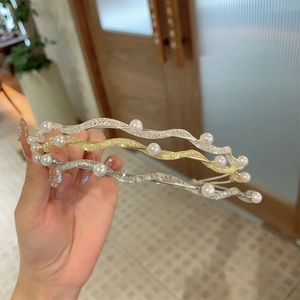 Wavy Headband Alloy Rhinestone Imitation Artificial Pearl French Retro Forest Style Elegant Hair Accessory For Women Thin Hoops