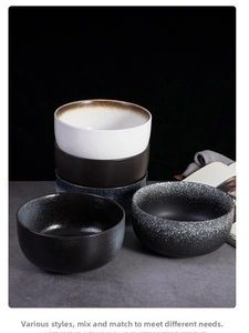 Detail shot of stackable Japanese vintage ceramic bowls with varied kiln glaze finishes