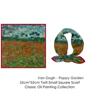 Van Gogh Poppy Garden oil painting print square silk scarf with red border 53x53cm