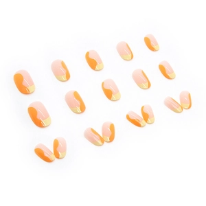 Round oval press-on nails with orange and yellow wavy patterns on nude base coat