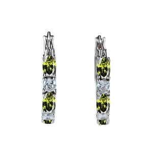 Silver-tone hoop earrings with olive green oval stones and clear cubic zirconia