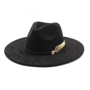 Classic black wide brim fedora hat with elegant gold leaf buckle and faux suede finish