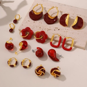 Elegant 18k gold plated stainless steel red enamel earrings in various geometric shapes