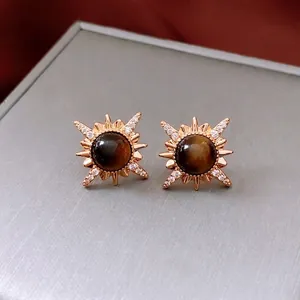 Sunburst Stud Earrings With Tiger's Eye And Cubic Zirconia 18K Gold Plated Copper Base Silver Earring Post Vintage Style
