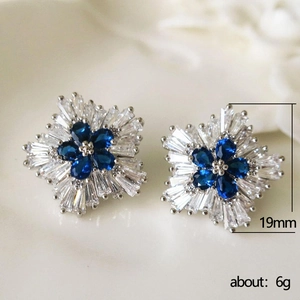 Sparkling snowflake zircon stud earrings with blue pear-cut stones in 19mm size