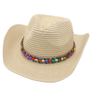 Classic straw cowboy hat with colorful beaded band and bohemian style for beach sun protection
